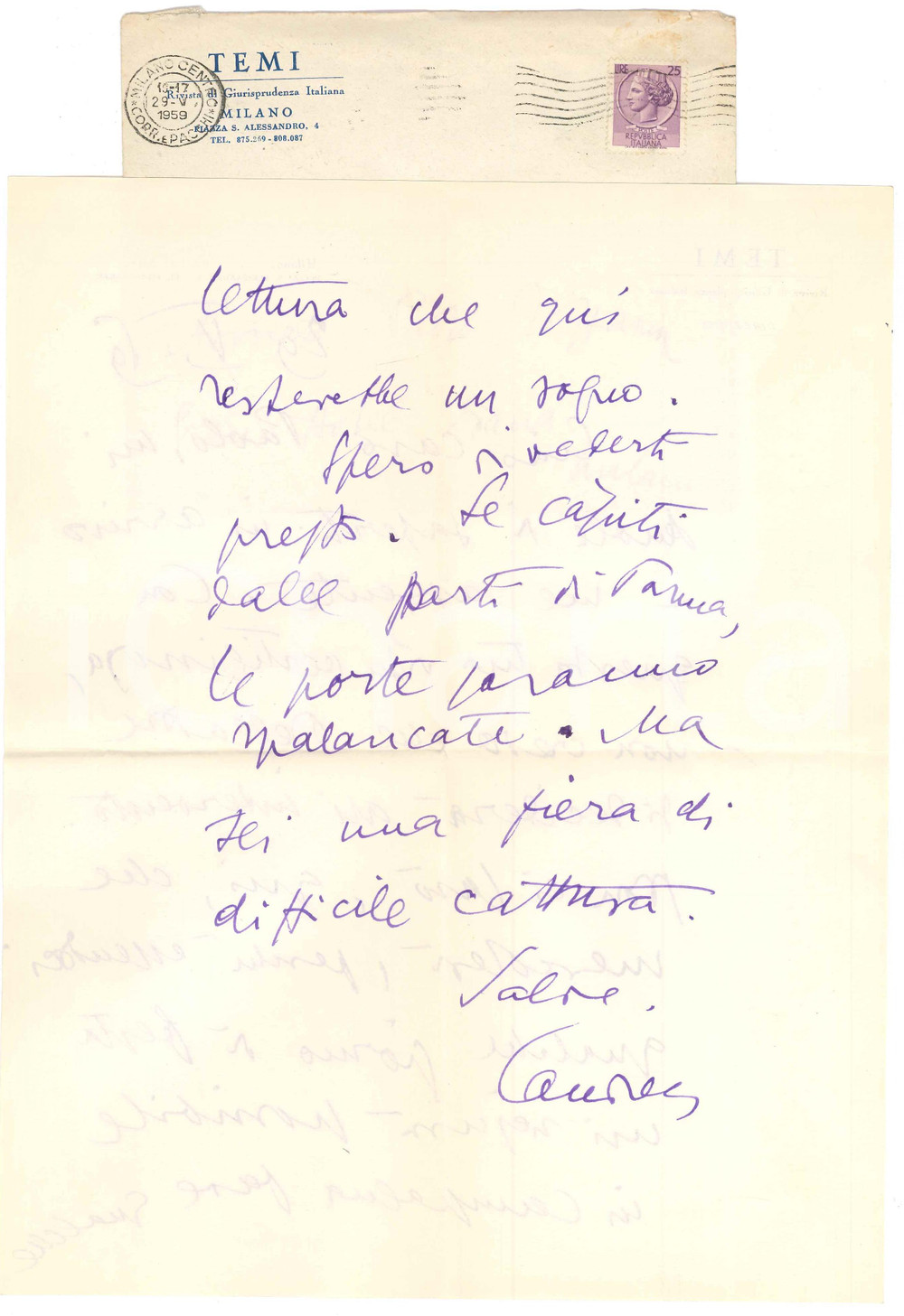 Autografo originale 1959 MILANO Lettera Aurelio CANDIAN a un collega in arrivo Autografo 1