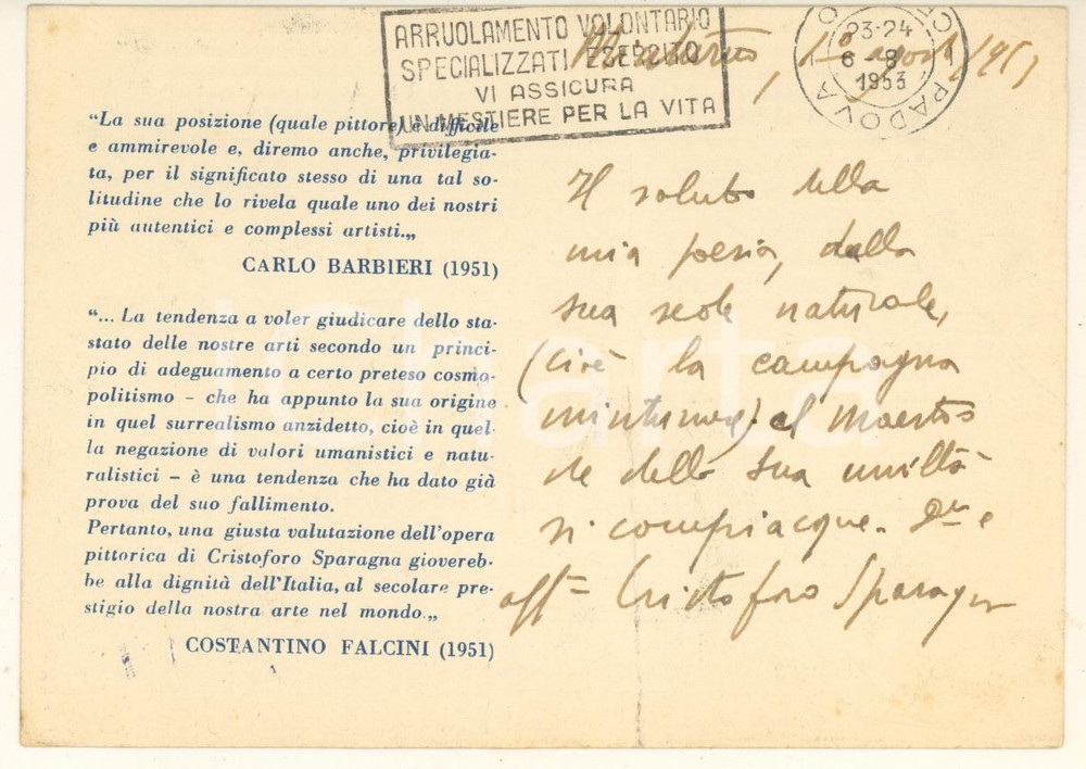 Oggetto da collezione cartaceo 1953 Cristoforo SPARAGNA poeta  Cartolina con AUTOGRAFO 1