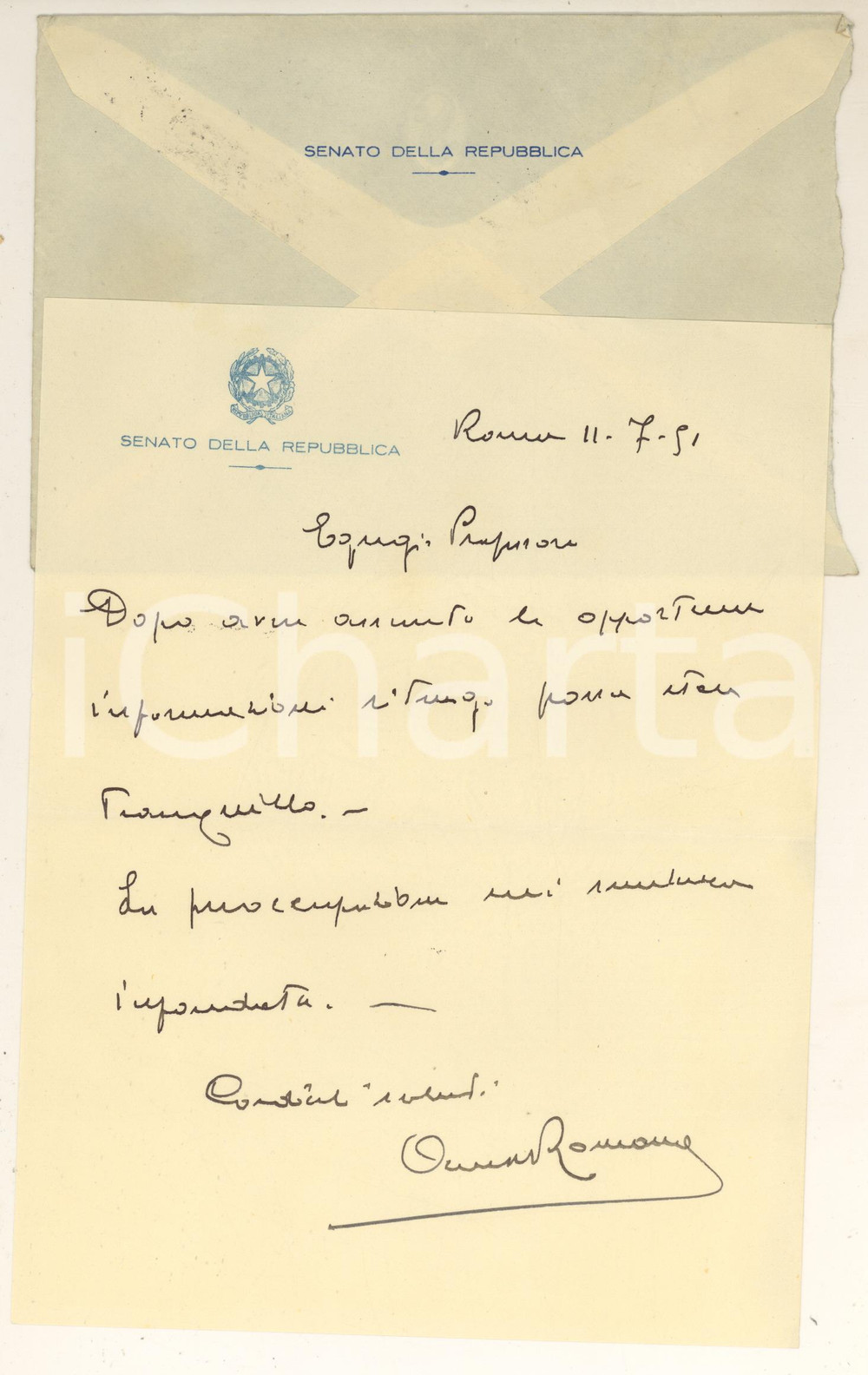 Autografo originale 1951 ROMA Sen. Antonio ROMANO  Lettera autografa a un professore 1