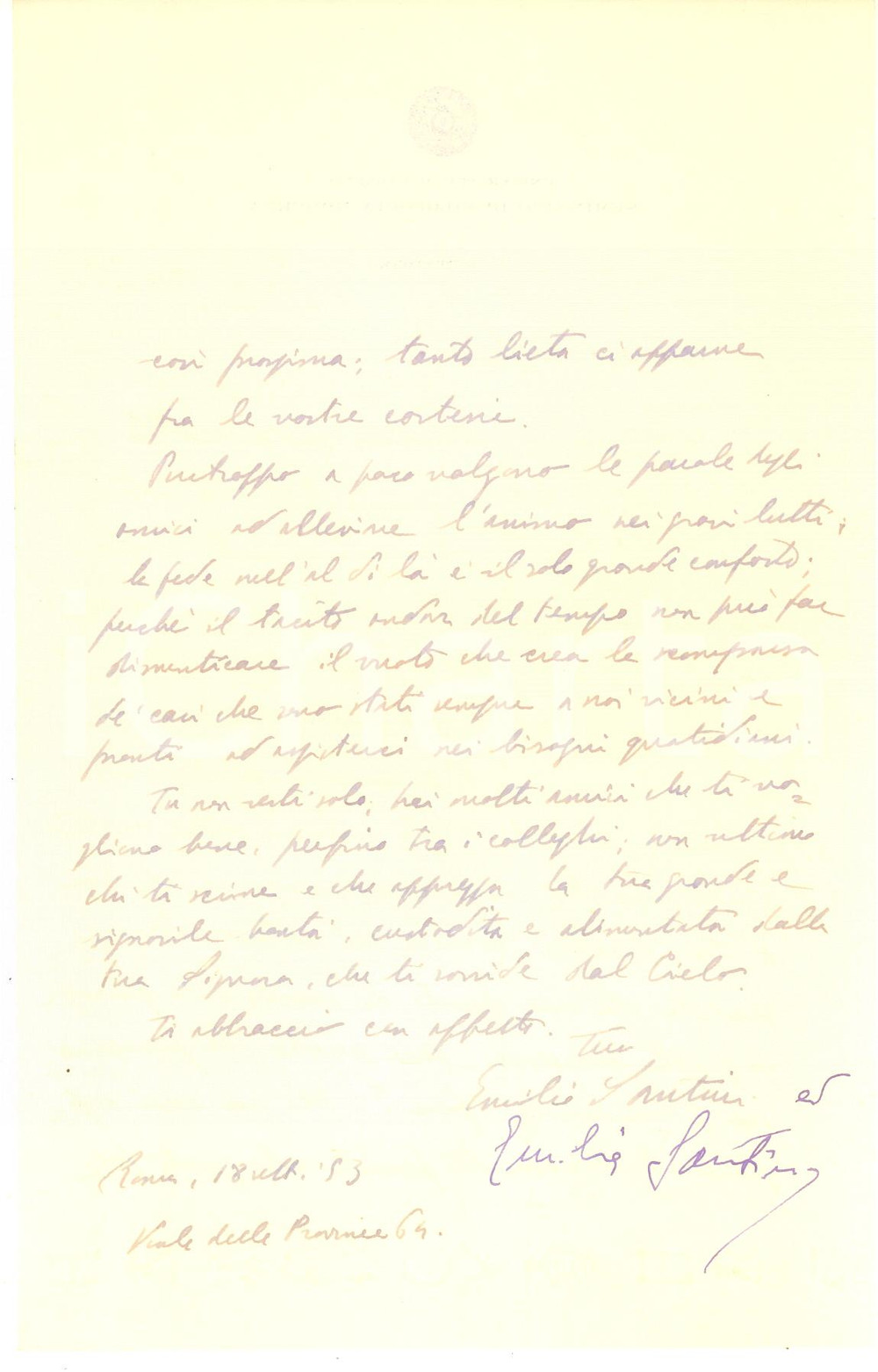 Autografo originale 1953 ROMA Lettera prof. Emilio SANTINI per condoglianze a un collega  Autografo 1