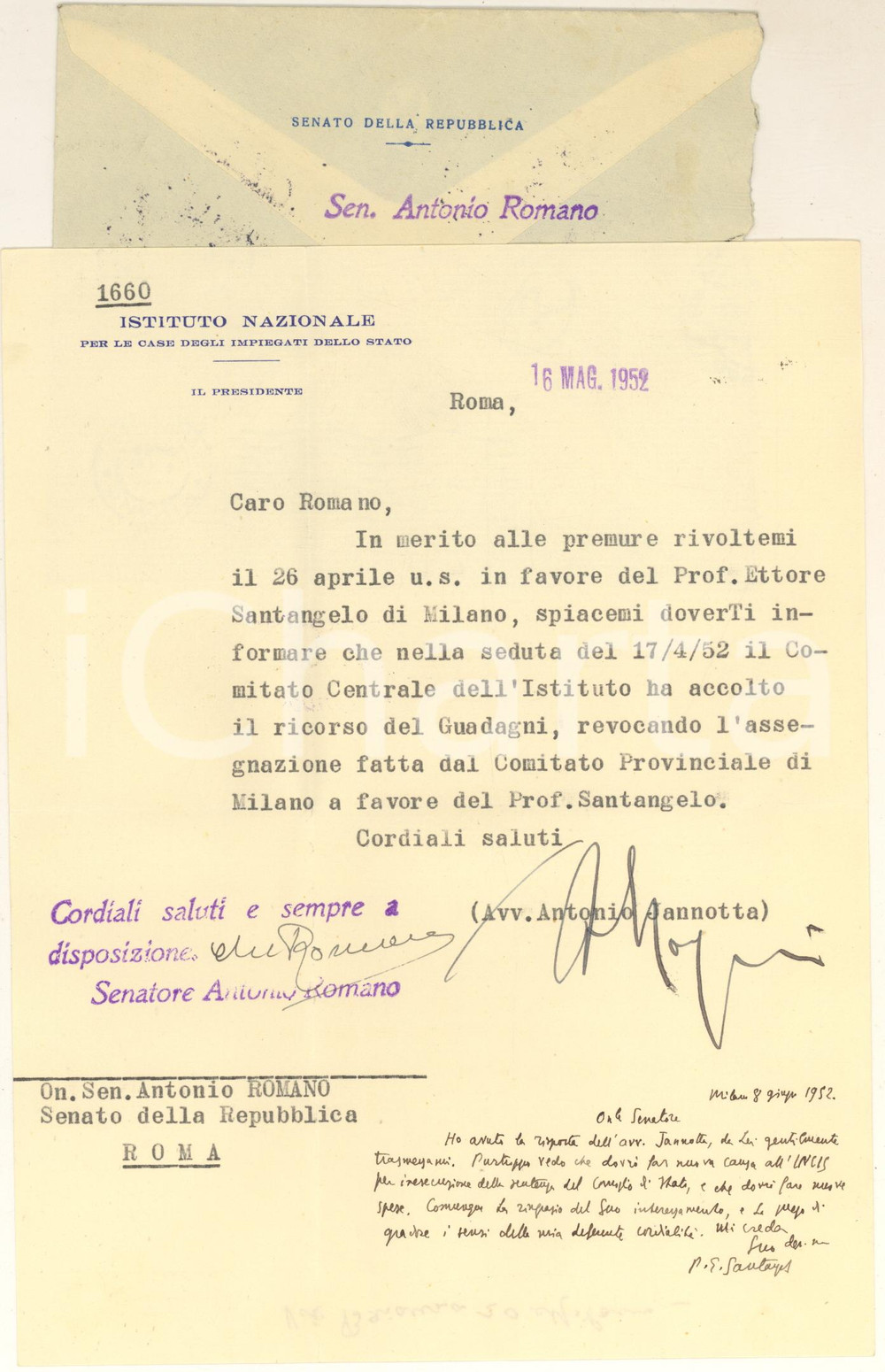 Autografo originale 1952 ROMA Lettera avv. Antonio JANNOTTA  Autografo sen. Antonio ROMANO 1