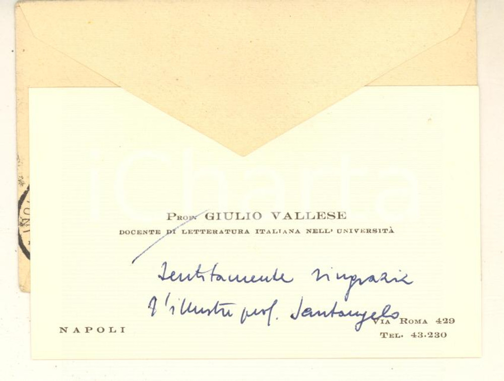 Autografo originale 1956 NAPOLI Prof. Giulio VALLESE  Biglietto da visita AUTOGRAFO 1