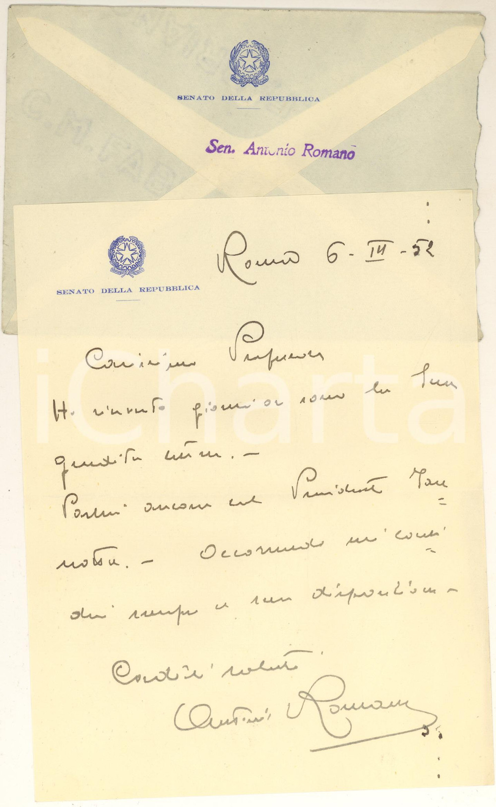 Autografo originale 1952 ROMA Senatore Antonio ROMANO  Lettera autografa a un professore 1