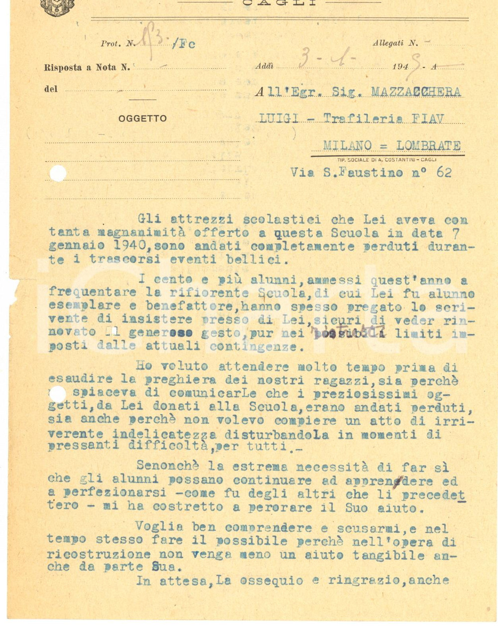 Documento originale, autentico 1945 CAGLI Scultore Giuseppe CUCCARONI pro scuola d arte distrutta  Autografo 1