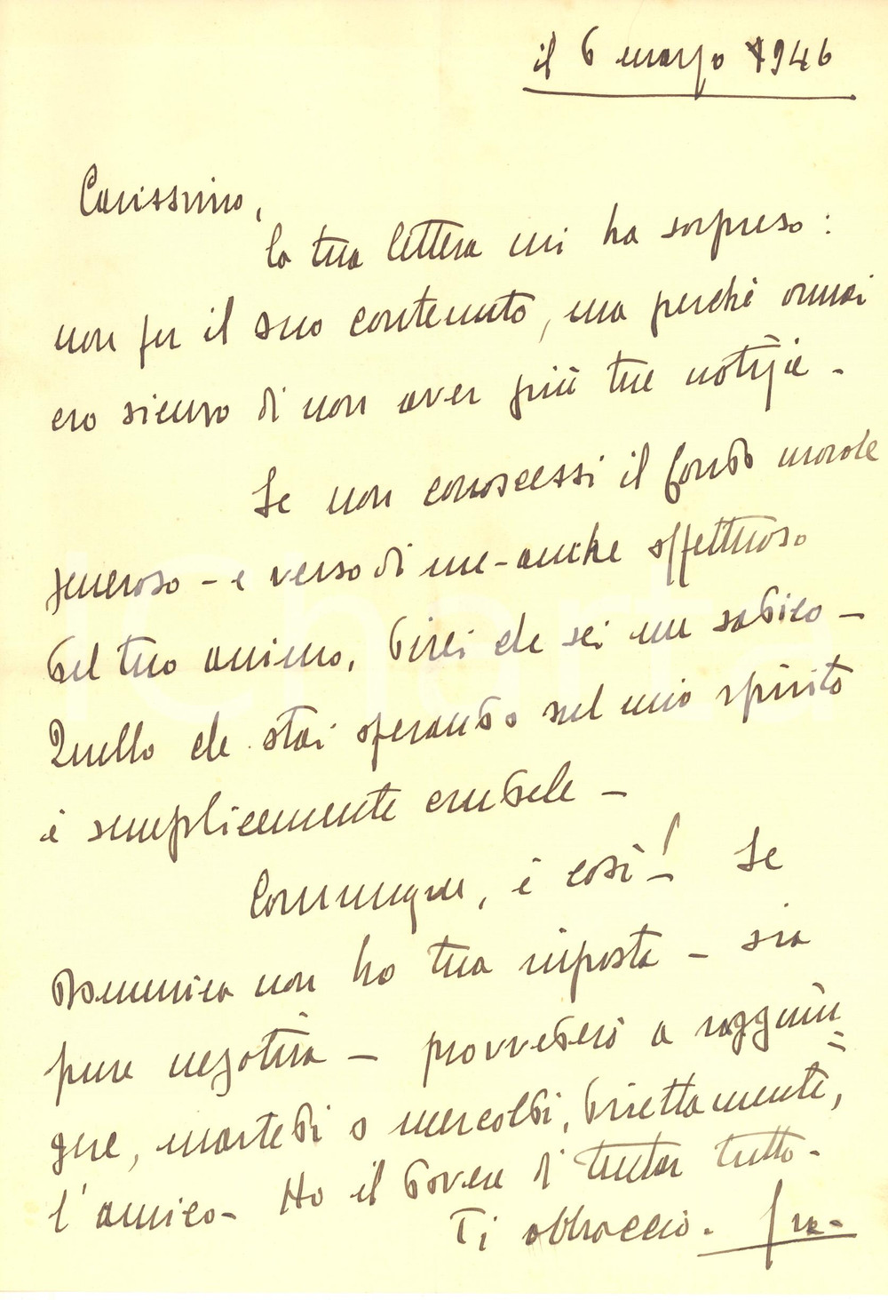 Autografo originale 1946 s. l.  Lettera di Carlo SCORZA a un amico lontano  Autografo 1