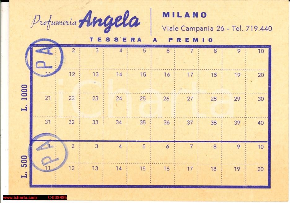 Oggetto da collezione cartaceo 1950 circa MILANO viale Campania 26  Profumeria Angela  Tessera premio 1