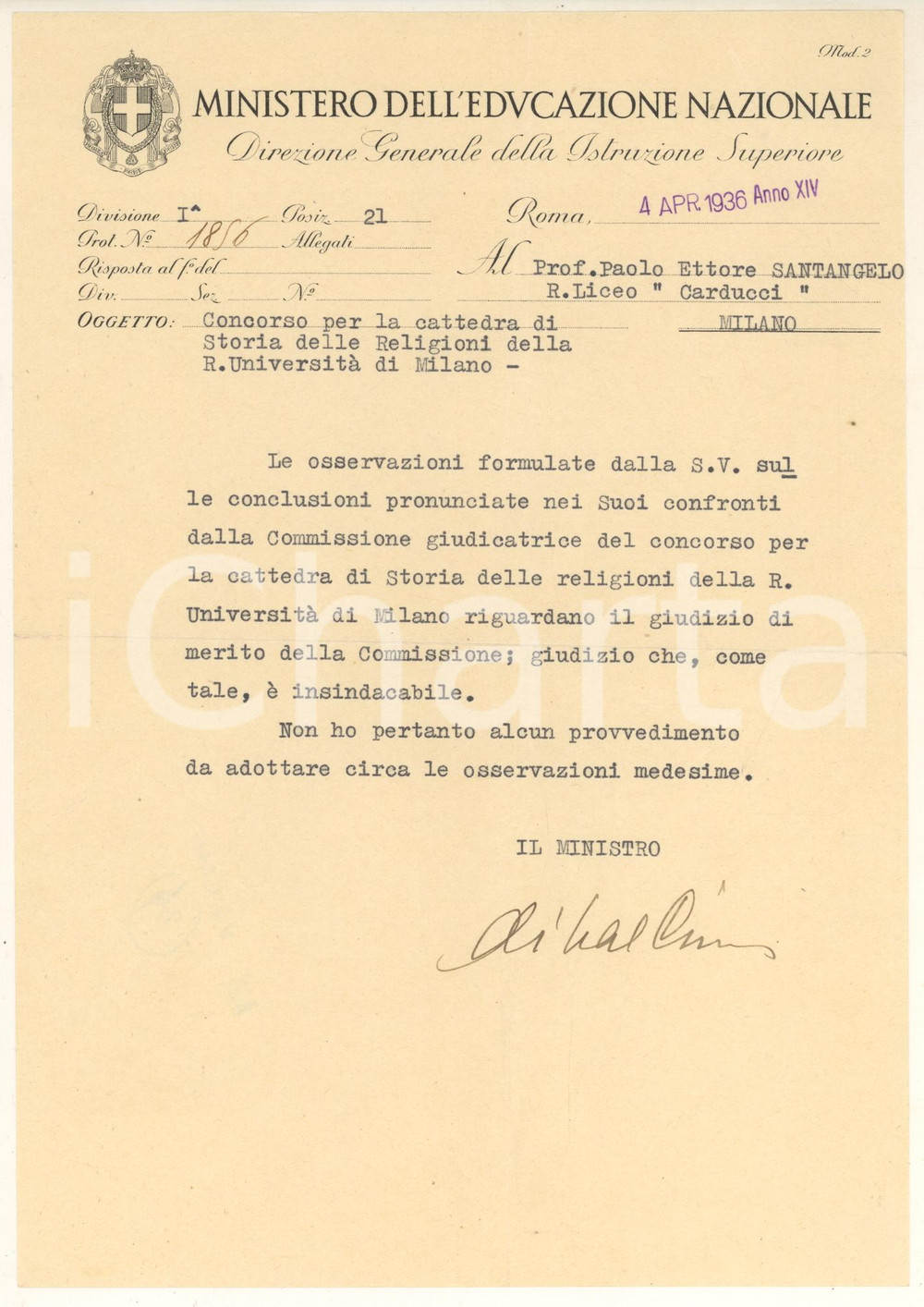 1936 ROMA Ministro Cesare DE VECCHI - Lettera per concorso *Autografo