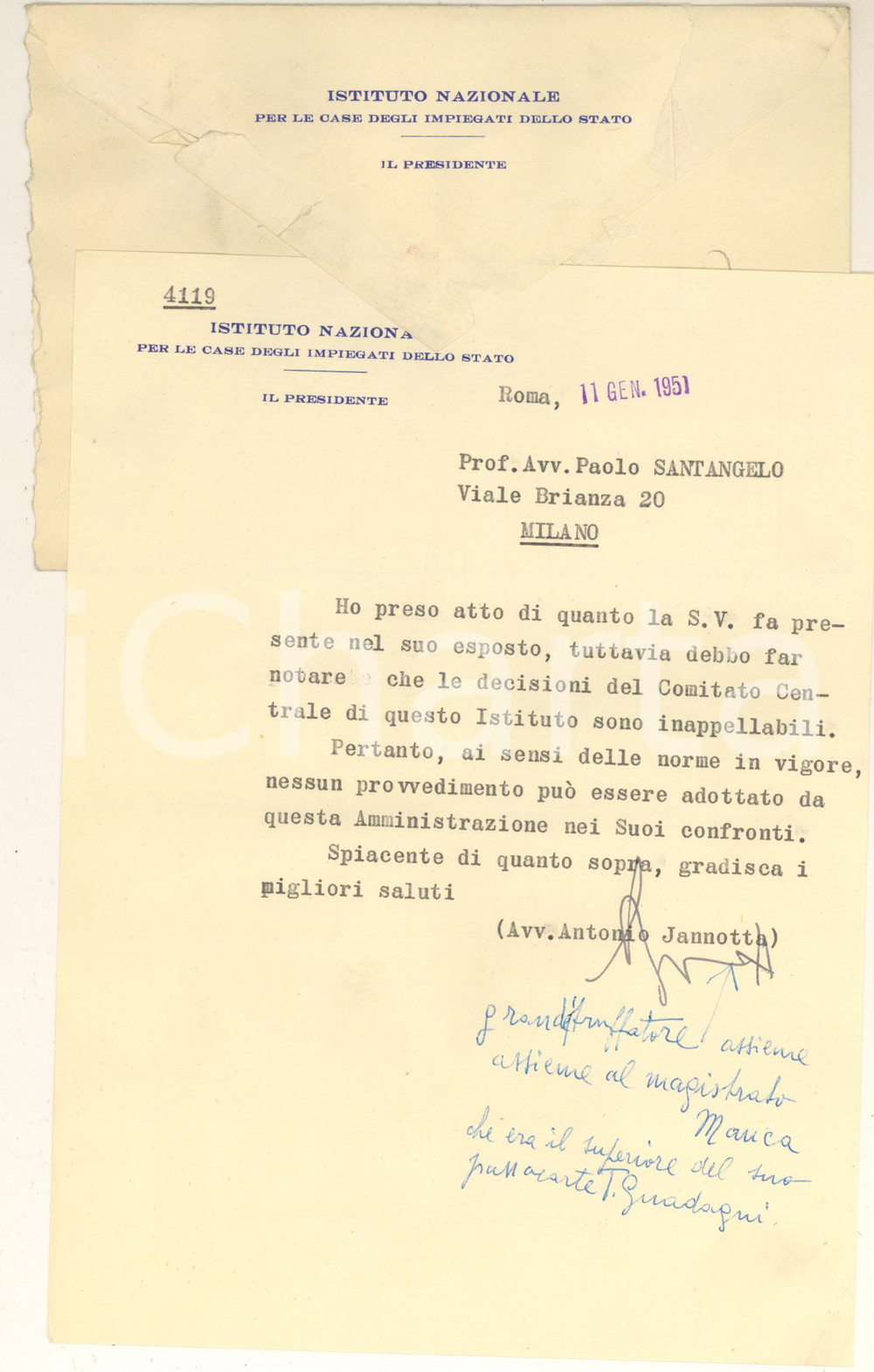 Autografo originale 1951 ROMA Lettera avv. Antonio JANNOTTA  INCIS  Autografo 1
