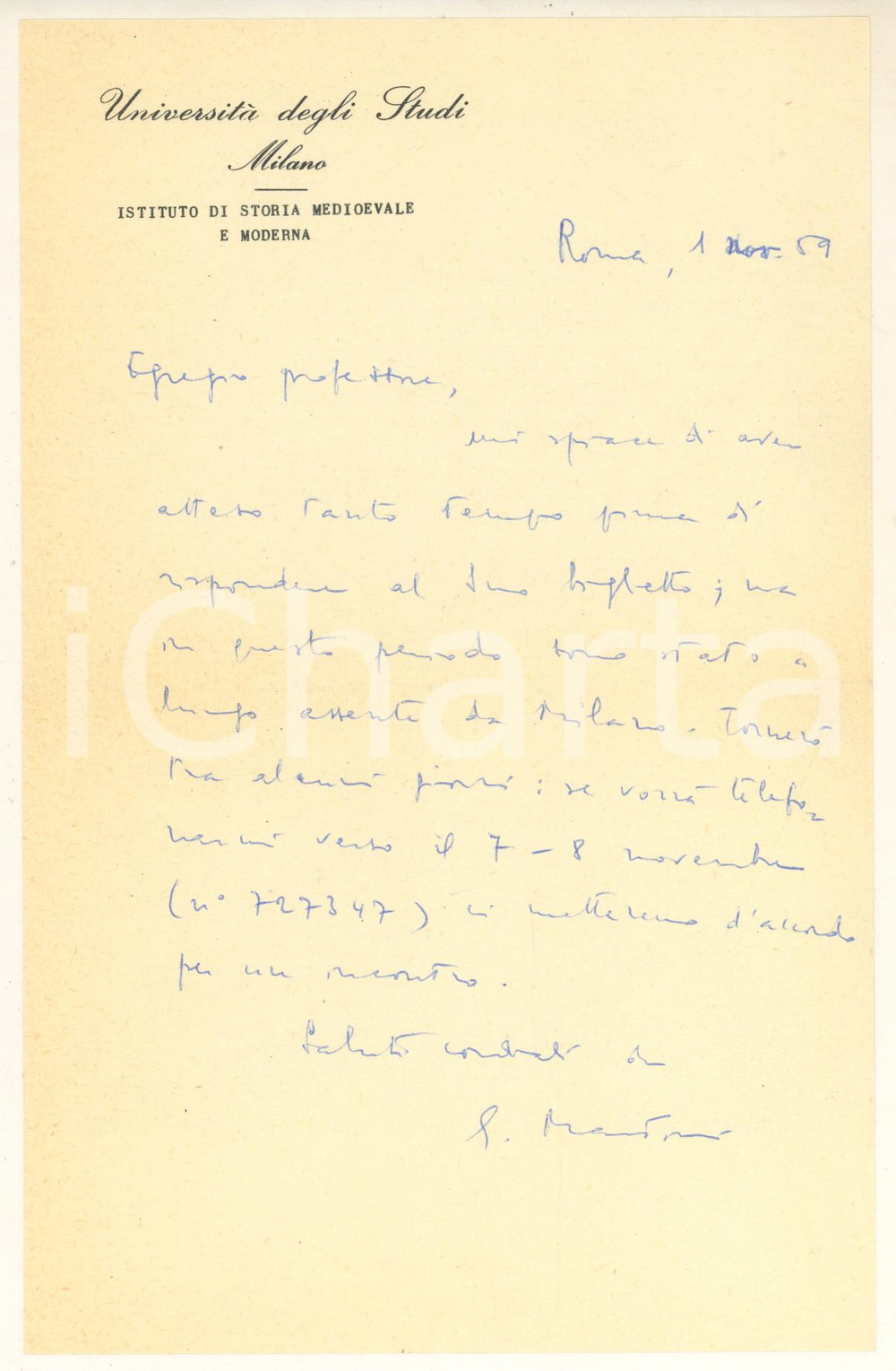 Autografo originale 1959 ROMA Lettera Giuseppe MARTINI  Rientro a Milano  Autografo 1