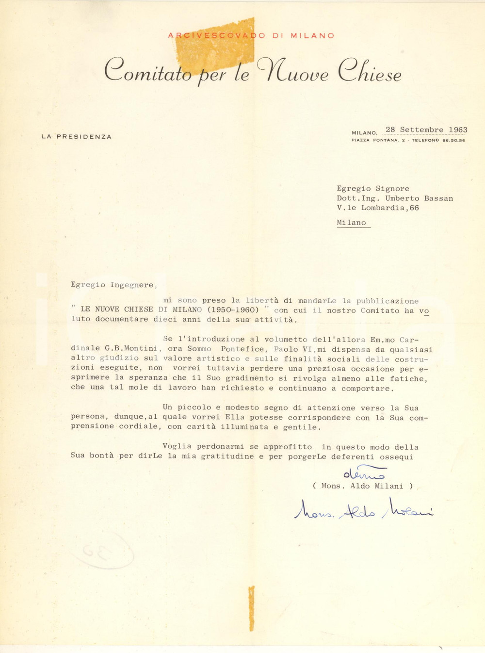 Autografo originale 1963 MILANO Lettera mons. Aldo MILANI per invio pubblicazione Autografo 1