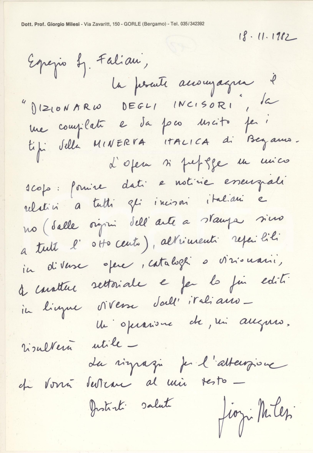 Autografo originale 1982 GORLE Lettera Giorgio MILESI  Invio Dizionario degli incisori Autografo 1