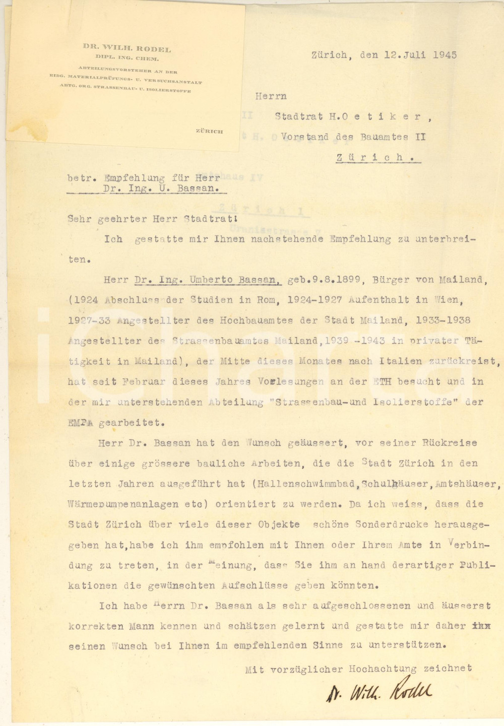 Autografo originale 1945 ZURICH Lettera Wilhelm RODEL per aiuto a un collega Autografo 1