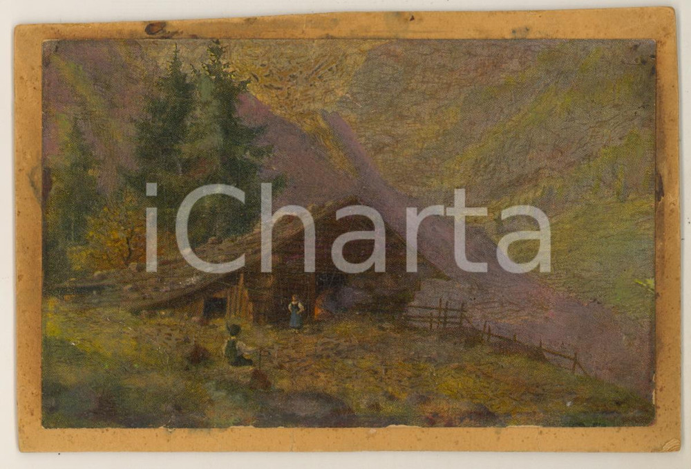 Stampa, bozzetto originale 1900 ca TORINO Paesaggio di montagna  Cartolina su cartoncino Luigi CASALEGNO 1