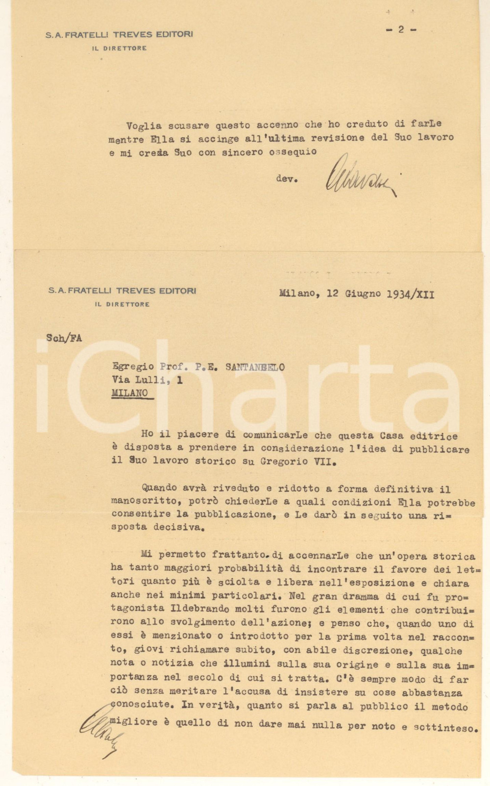 1934 MILANO Lettera Giorgio CAVALLOTTI - Direttore TREVES Editori *Autografo