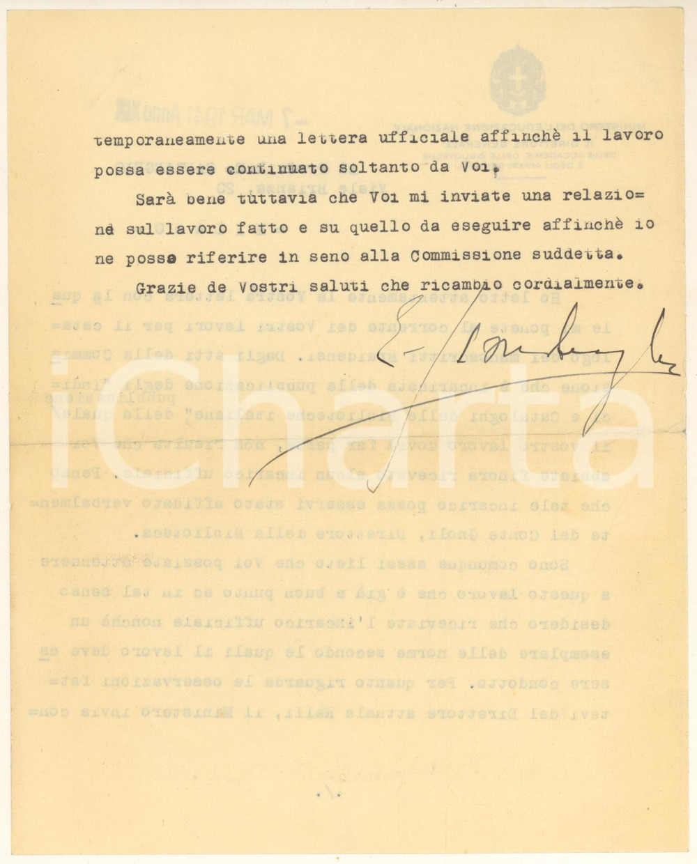 1941 ROMA Lettera Edoardo SCARDAMAGLIA Ministro Educazione Nazionale *Autografo