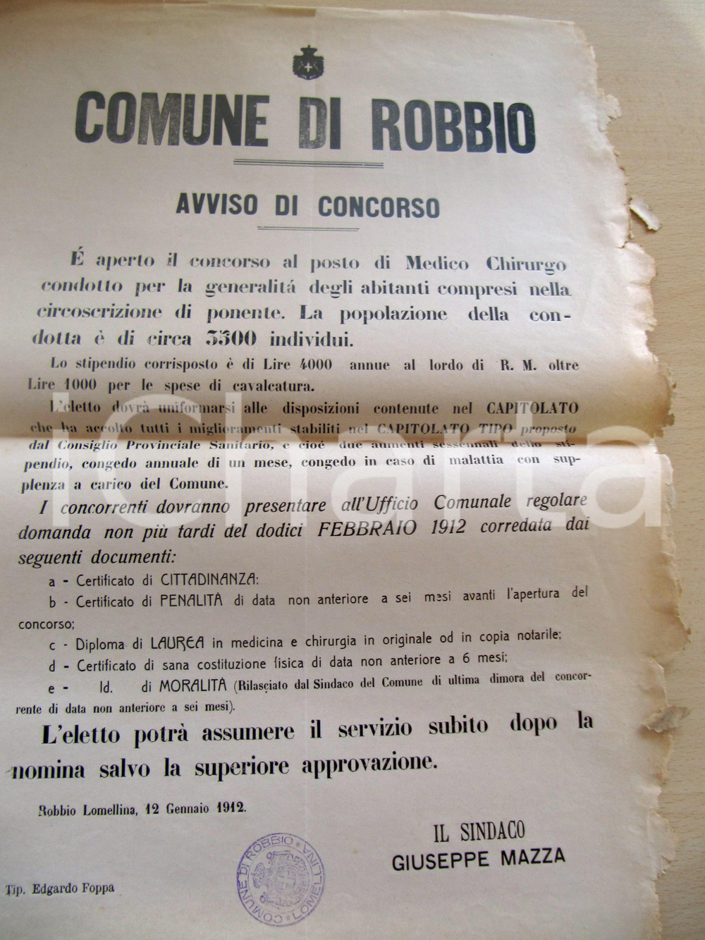Documento originale, autentico 1912 ROBBIO (PV) Concorso per medico condotto - Manifesto 30x42 cm 1