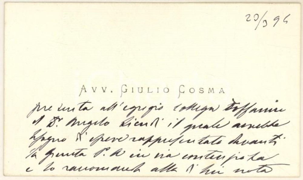 Oggetto da collezione cartaceo 1894 PADOVA Avv. Giulio COSMA Biglietto da visita con messaggio autografo 1