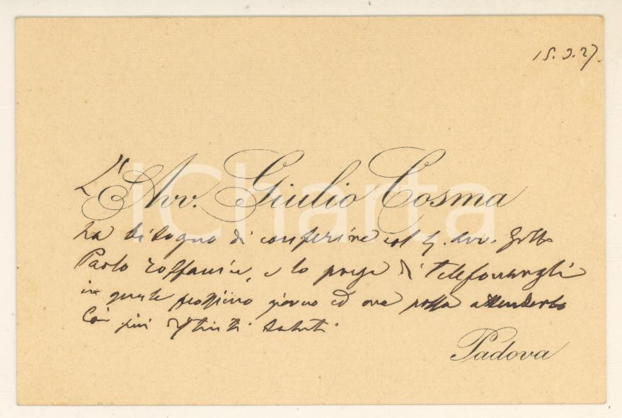 Oggetto da collezione cartaceo 1927 PADOVA Avv. Giulio COSMA  Biglietto da visita con messaggio autografo 1