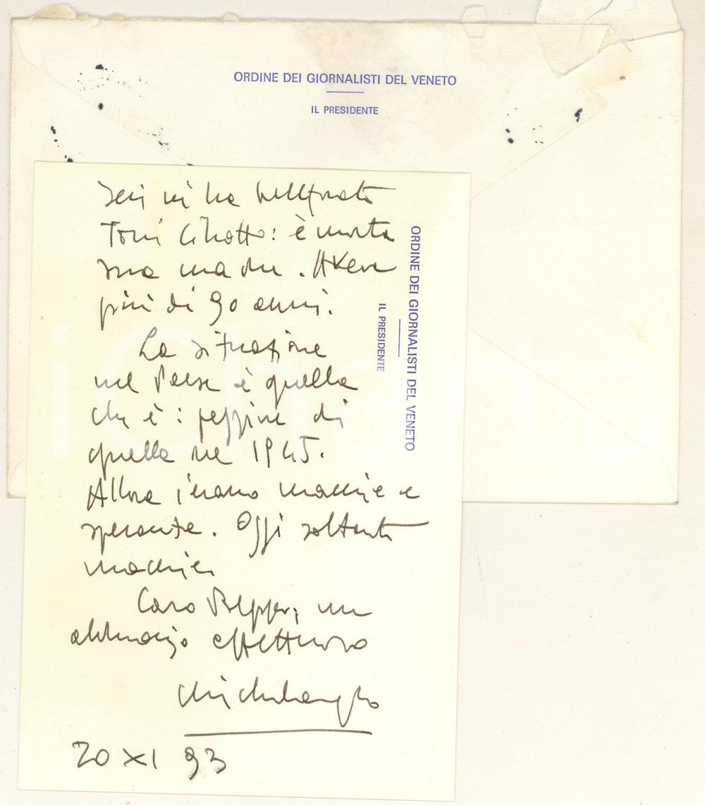 Autografo originale 1993 VERONA Michelangelo BELLINETTI  Presidente Ordine Giornalisti AUTOGRAFO 1