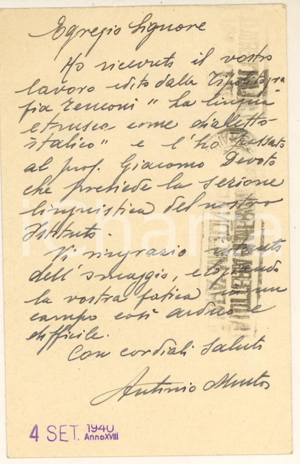 Autografo originale 1940 FIRENZE Istituto Studi Etruschi  Antonio MINTO  Cartolina AUTOGRAFA 1