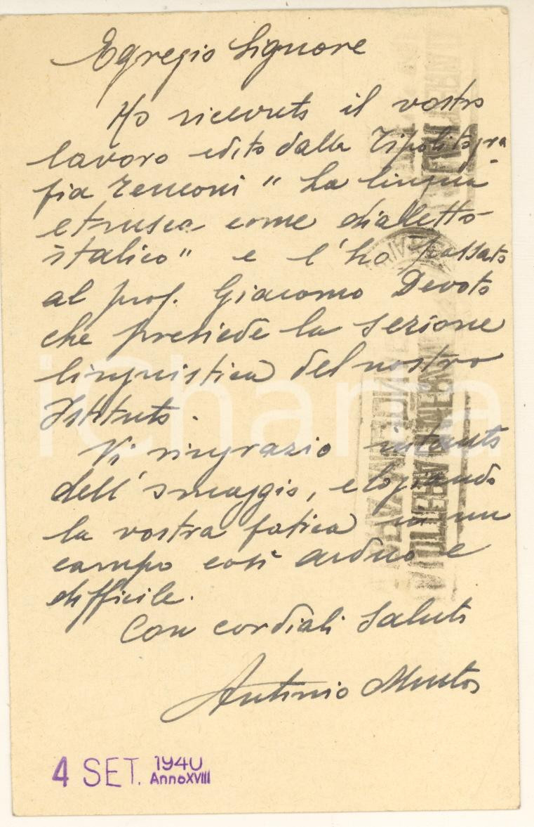 Autografo originale 1940 FIRENZE Istituto Studi Etruschi  Antonio MINTO  Cartolina AUTOGRAFA 1