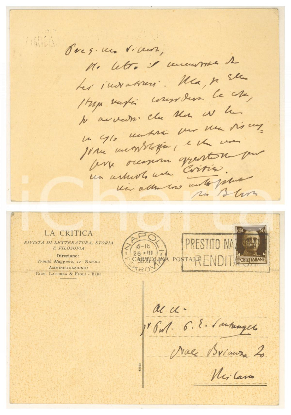 Autografo originale 1936 NAPOLI LA CRITICA Benedetto CROCE  Cartolina AUTOGRAFA per articolo 1