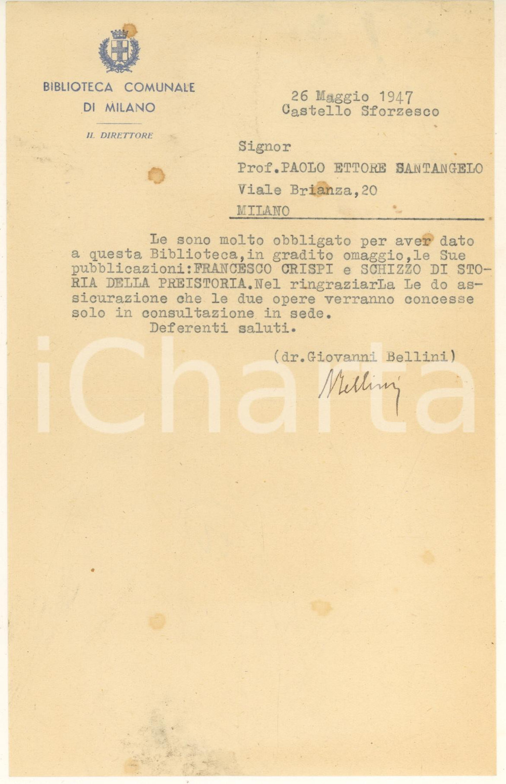 Autografo originale 1947 MILANO Biblioteca Comunale  Lettera Giovanni BELLINI direttore Autografo 1