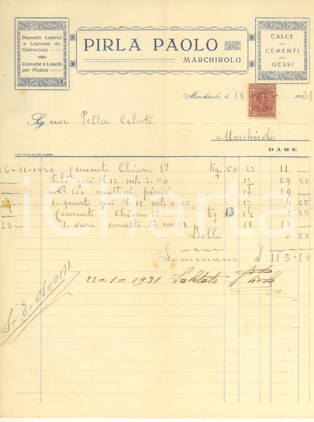 Documento originale, autentico 1931 MARCHIROLO VA Paolo PIRLA calce e cementi  Fattura intestata 1 1