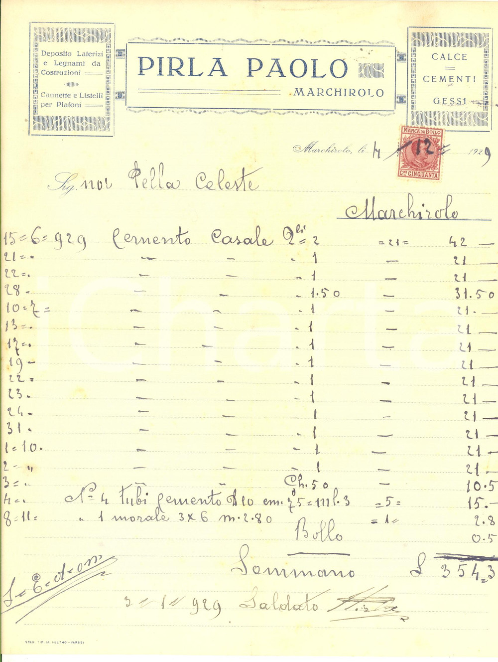 Documento originale, autentico 1930 MARCHIROLO VA Paolo PIRLA calce e cementi  Fattura intestata 3 1