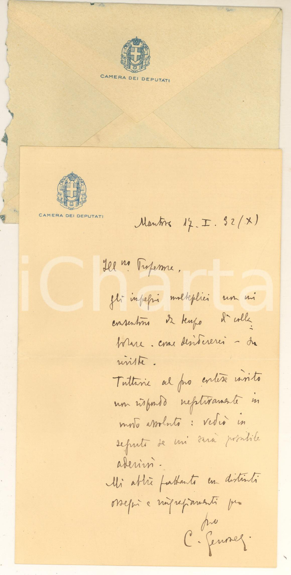 Autografo originale 1932 MANTOVA Lettera on. Cesare GENOVESI su collaborazione con rivista AUTOGRAFO 1