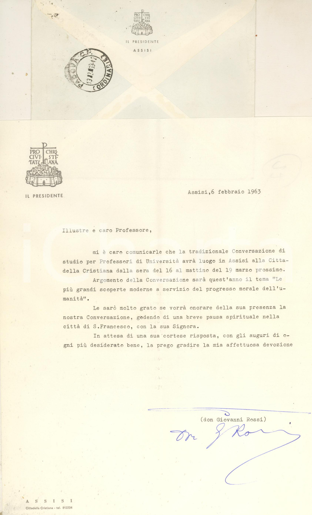 Autografo originale 1963 ASSISI Lettera don Giovanni ROSSI  Pro Civitate Christiana AUTOGRAFO 1