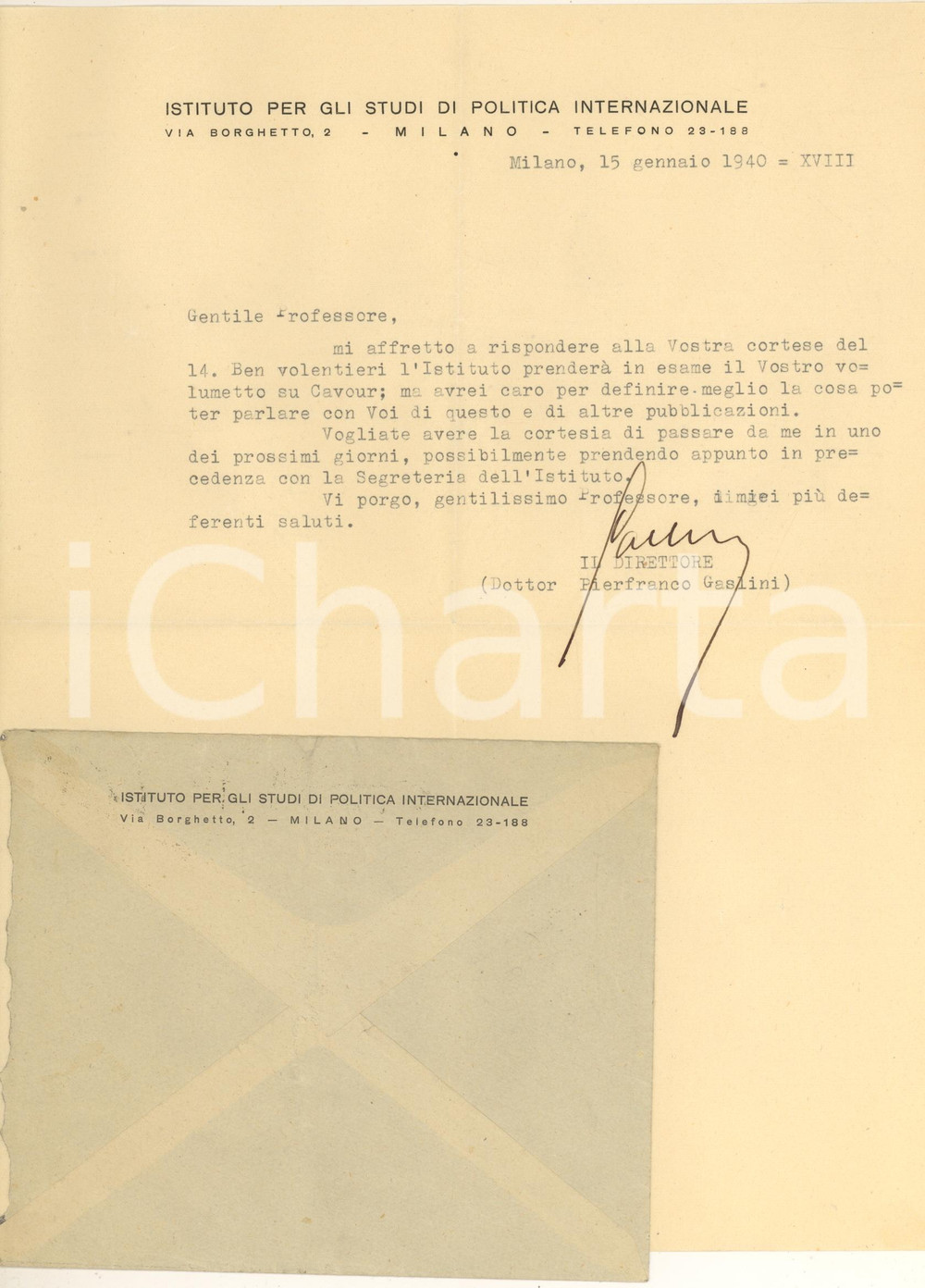 Autografo originale 1940 MILANO ISPI Lettera Pierfranco GASLINI direttore  AUTOGRAFO 1
