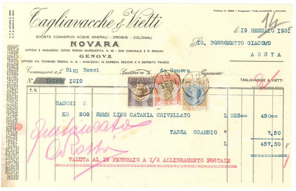 1931 NOVARA - TAGLIAVACCHE & VIETTI Commercio acque minerali Coloniali *Fattura