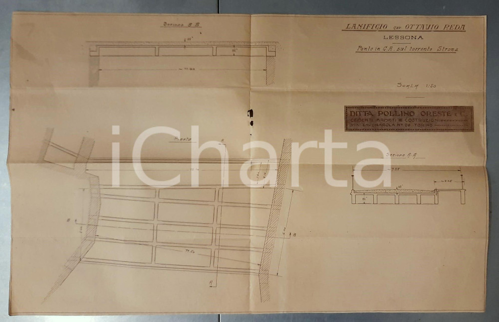 Mappa, planimetria storica 1920 ca LESSONA BI Lanificio Ottavio REDA Progetto POLLINO ponte su STRONA 1