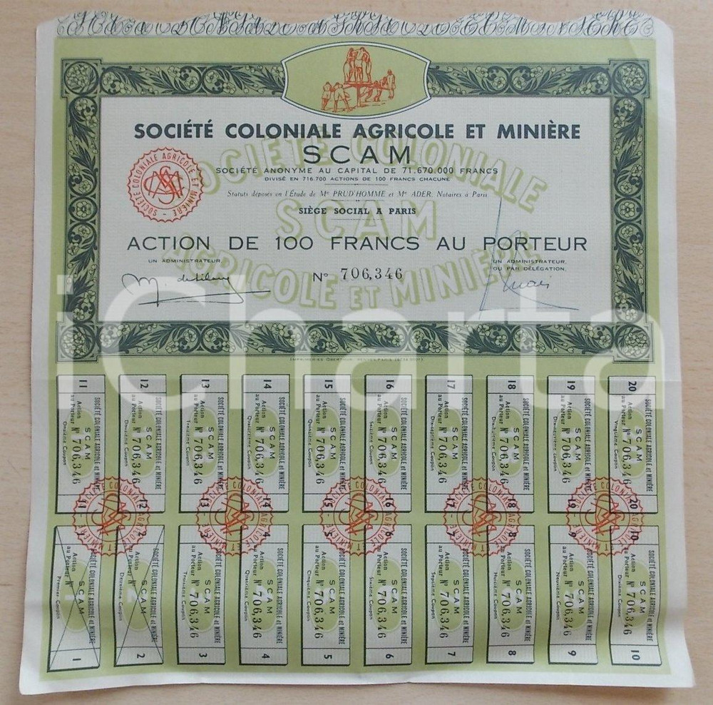Oggetto da collezione cartaceo 1930 ca PARIS Société Agricole Coloniale Marine SCAM Azioni portatore 20 CEDOLE 1