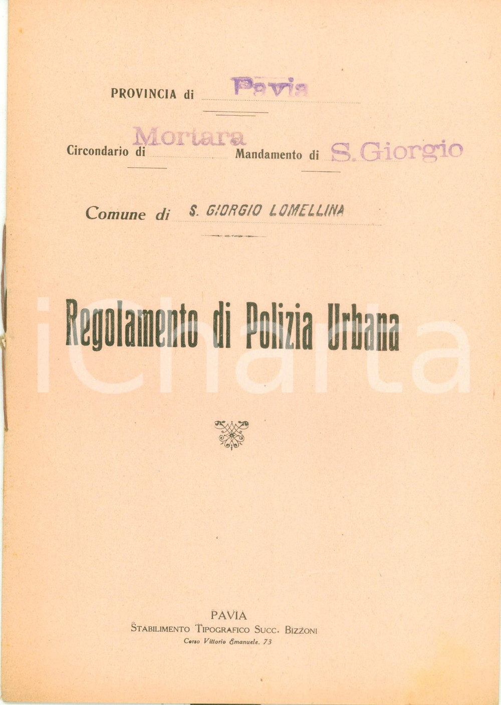 Documento originale, autentico 1928 SAN GIORGIO DI LOMELLINA (PV) Regolamento di Polizia Urbana *Libretto 1