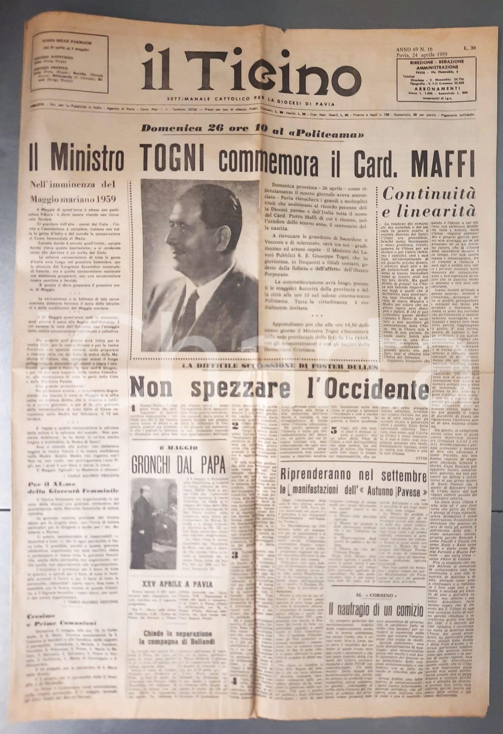 Giornale, rivista storica 1959 PAVIA IL TICINO  Visita Giuseppe TOGNI per commemorazione card. Maffi 1