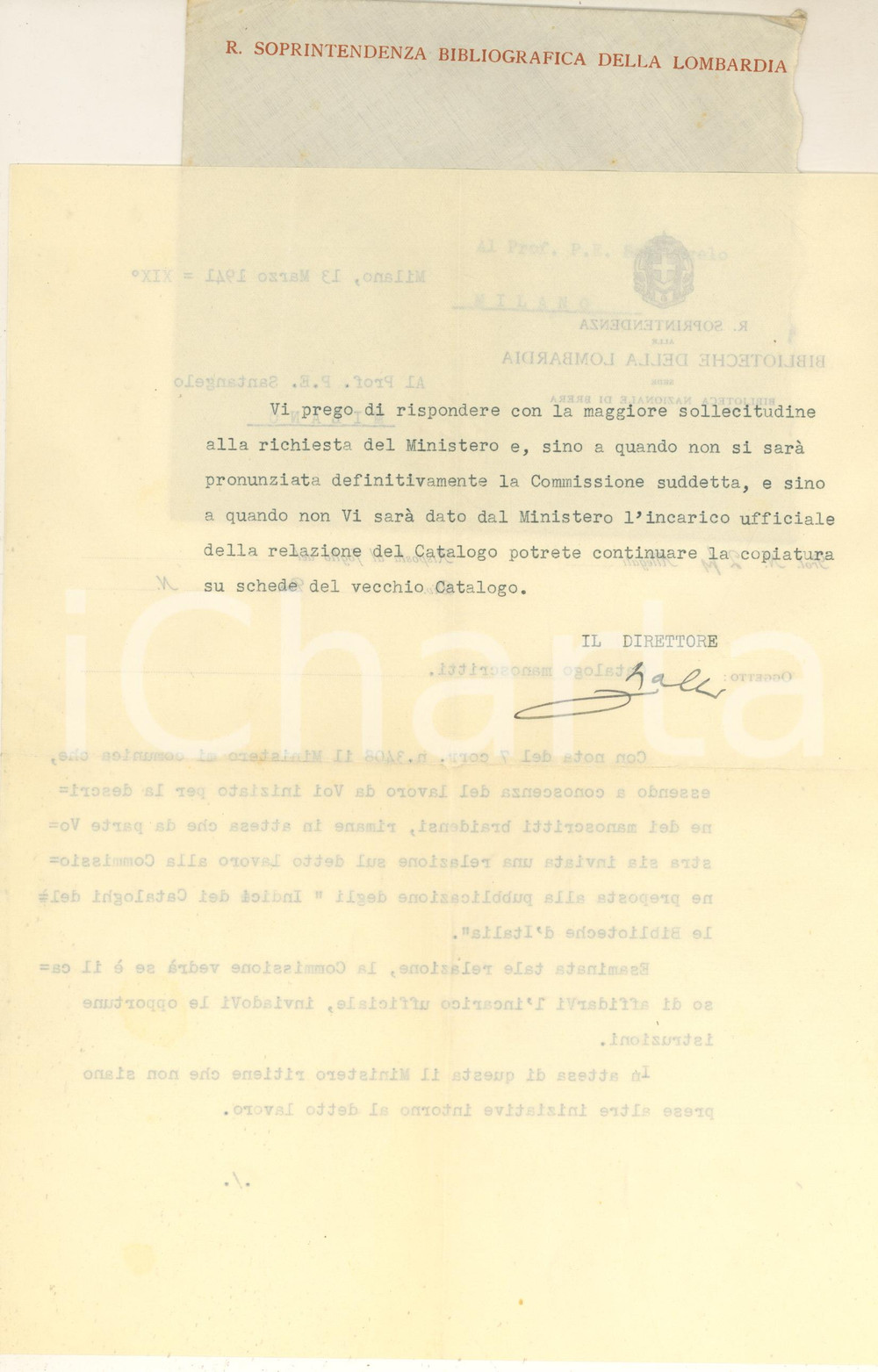 Autografo originale 1941 MILANO Biblioteca Braidense  Lettera direttore Paolo NALLI Autografo 1