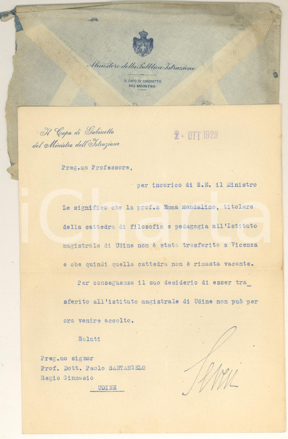 Autografo originale 1923 ROMA Lettera Leonardo SEVERI Capo Gabinetto Ministero Istruzione Autografo 1