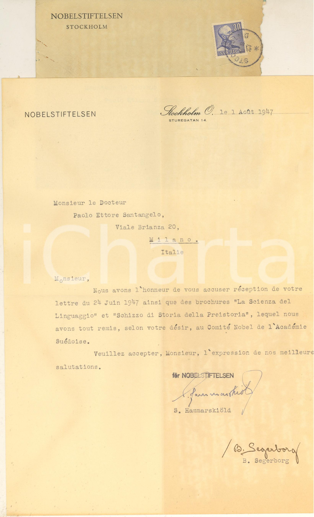Manoscritto, lettera originale 1947 STOCKHOLM NOBEL STIFTELSEN Lettera S. HAMMARSKIOLD Birgit SEGERBORG 1