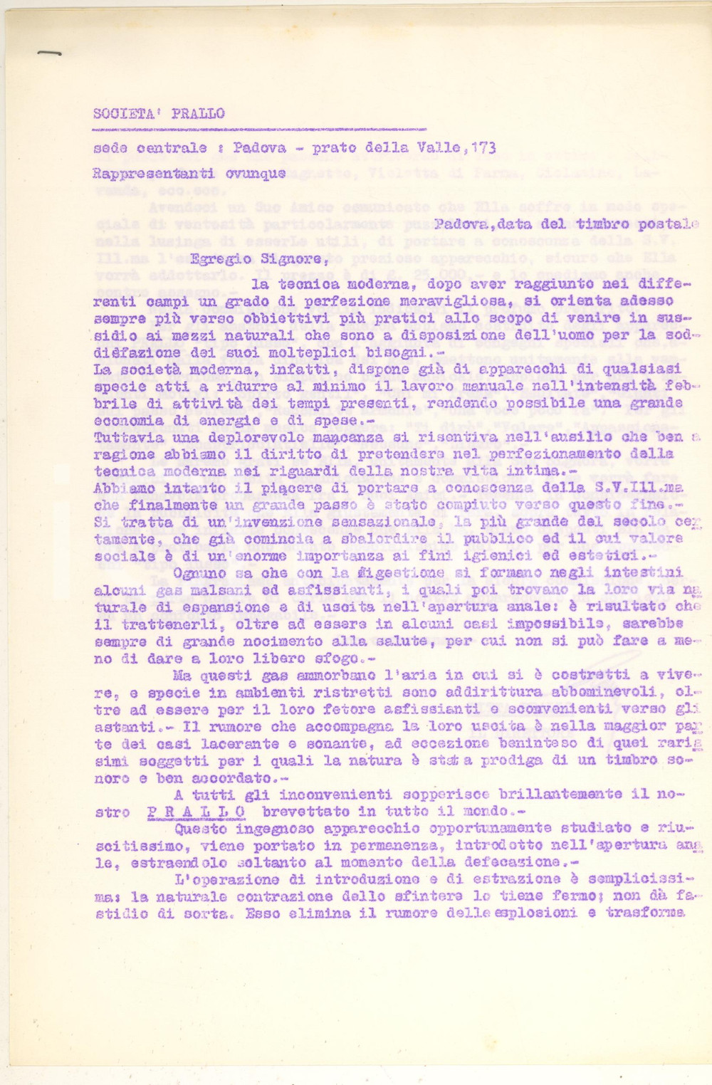 Documento originale, autentico 1970 ca GOLIARDIA Apparecchio PRALLO per gas intestinali Dattiloscritto 1