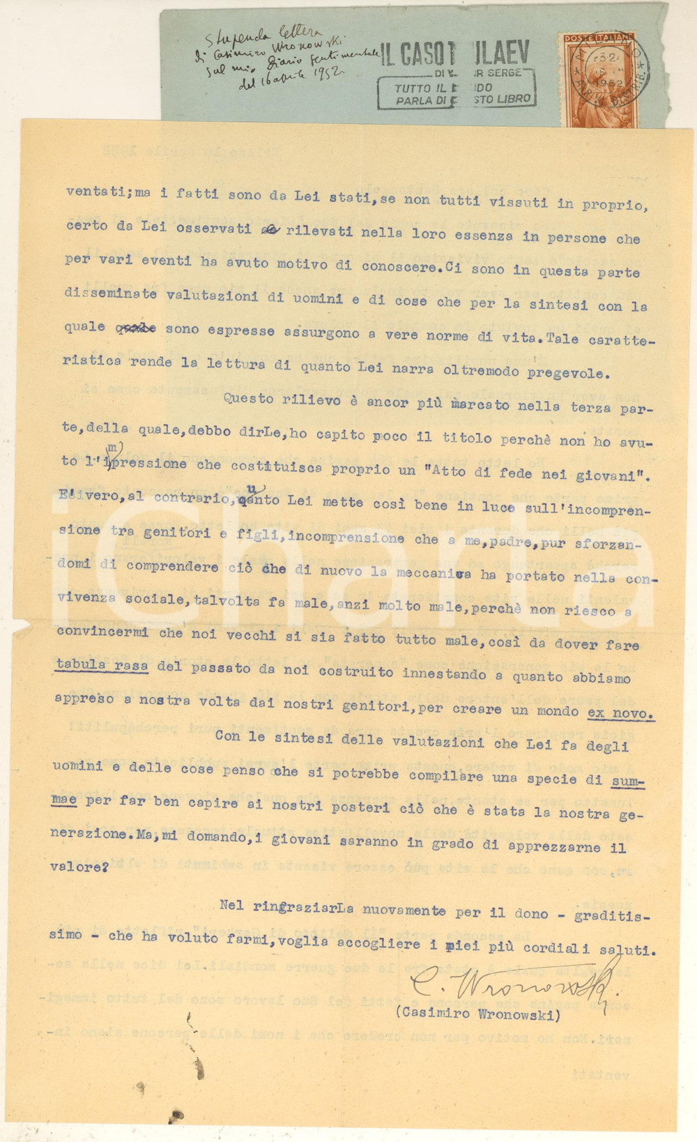 Autografo originale 1952 MILANO Casimiro WRONOWSKI in lode di Paolo Ettore SANTANGELO Autografo 1