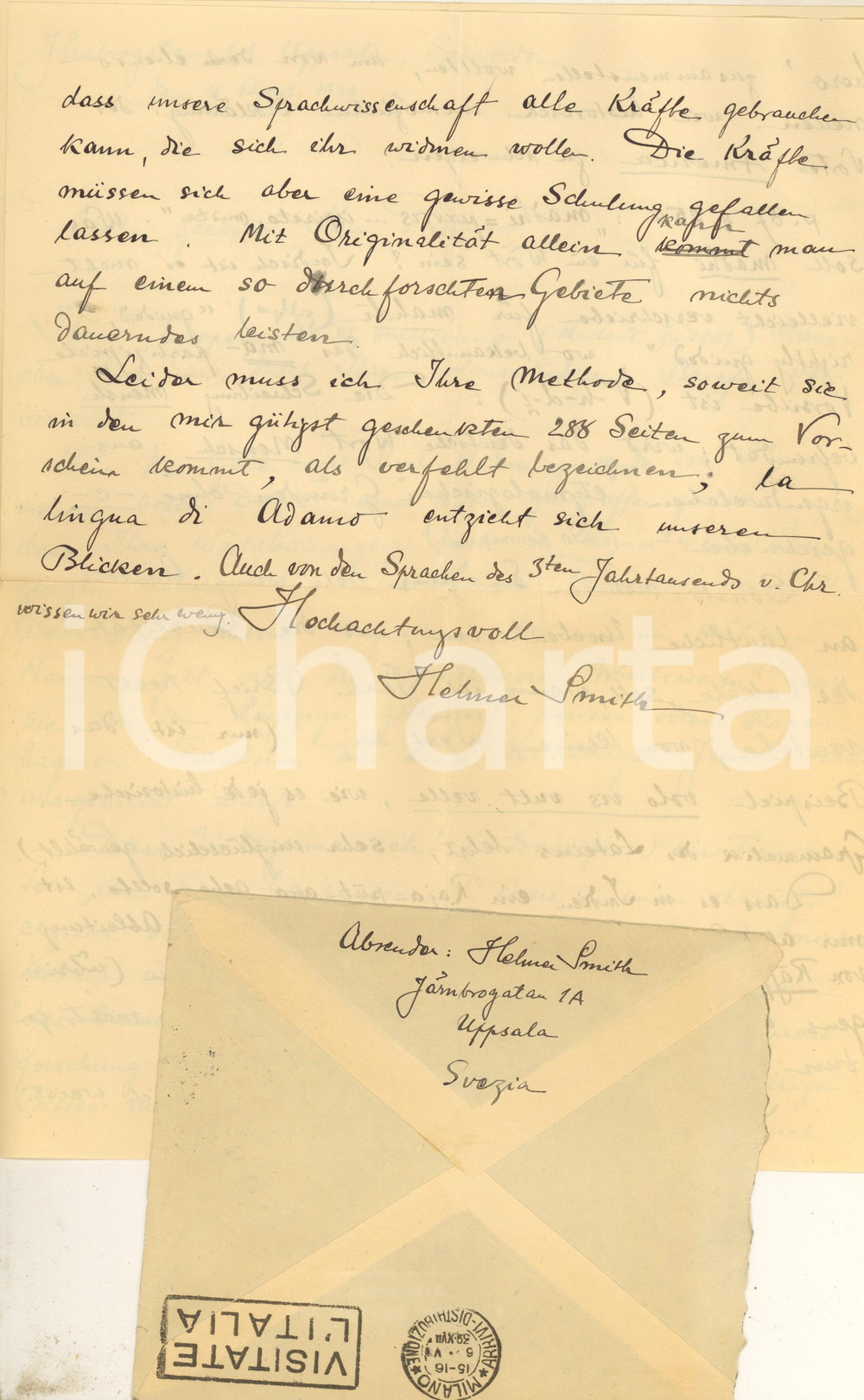 Autografo originale 1939 UPPSALA SWEDEN Lettera Helmer SMITH a un collega Autografo 1