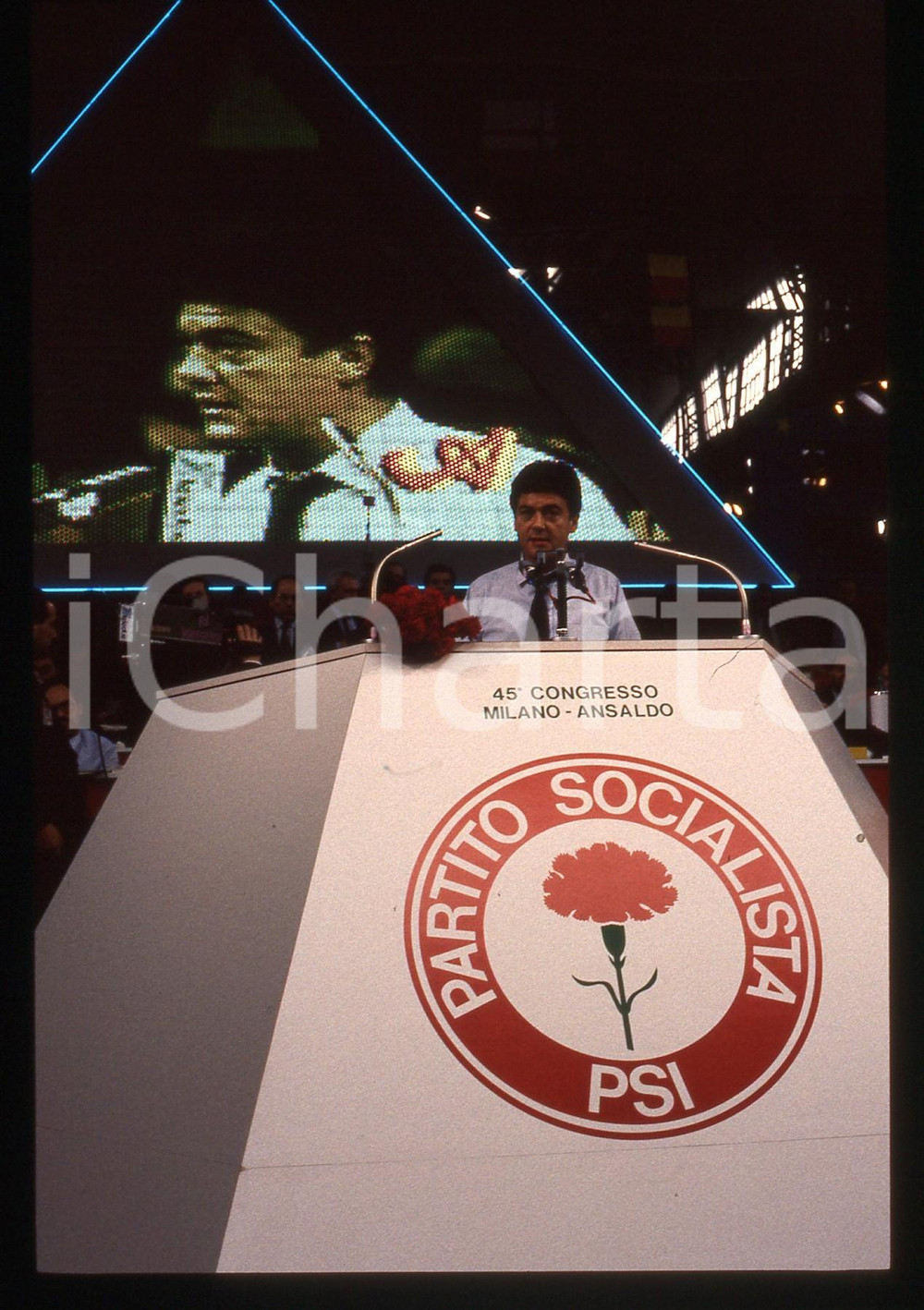 Fotografia d epoca originale 35mm vintage slide 1989 MILANO Claudio MARTELLI Congresso PSI Ansaldo 49 1