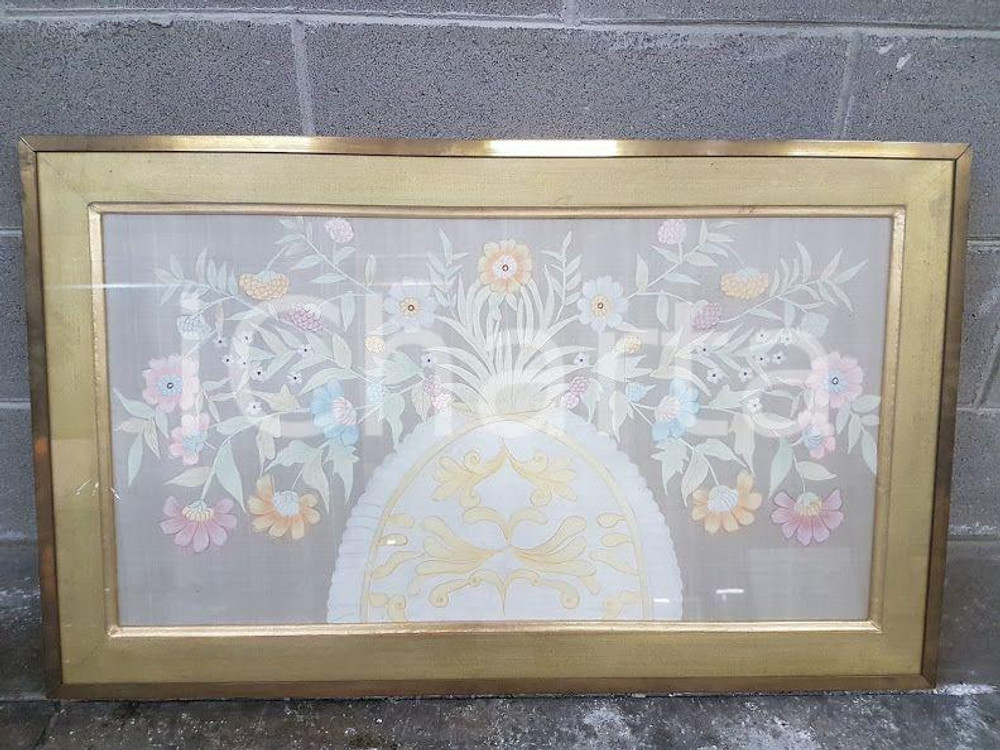 1975 CINA VINTAGE Composizione floreale in vaso a uovo - quadro 88,8 x 54 cm