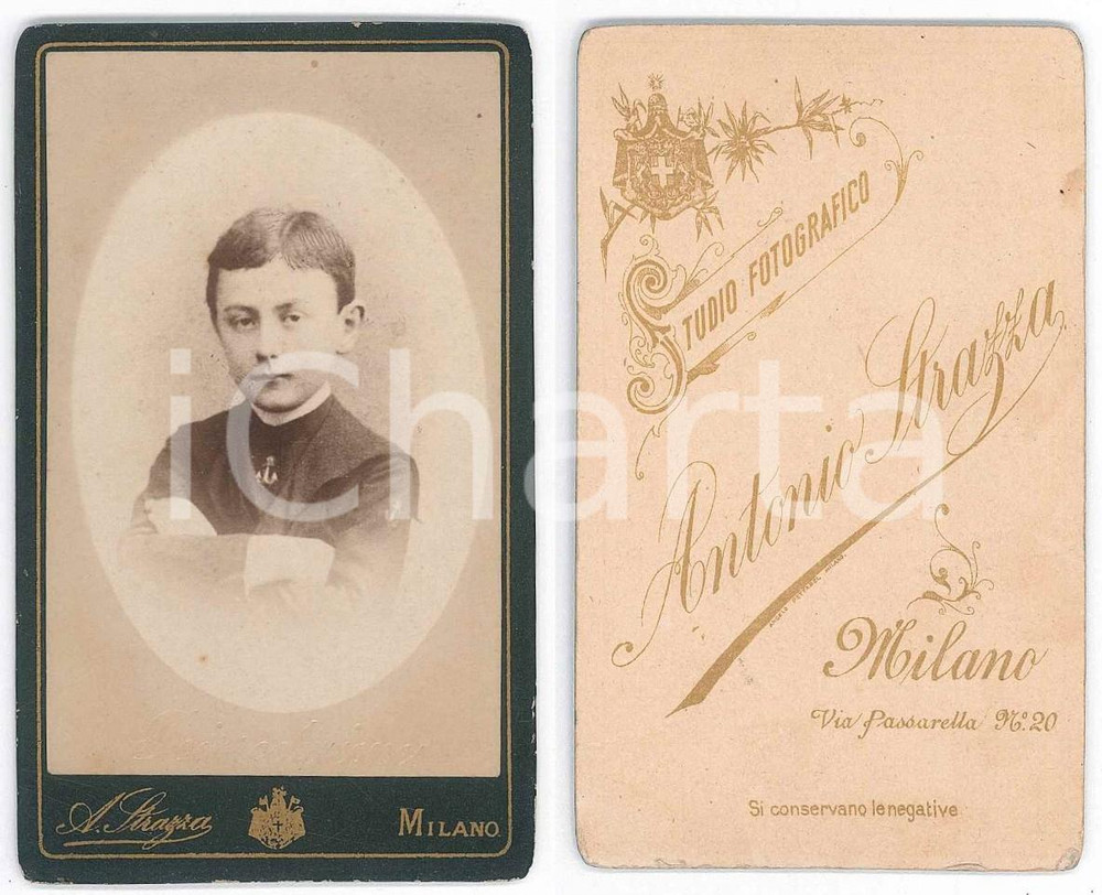 Fotografia d epoca originale 1880 ca MILANO Ritratto di bambino vestito alla marinara  Foto A. STRAZZA CDV 1