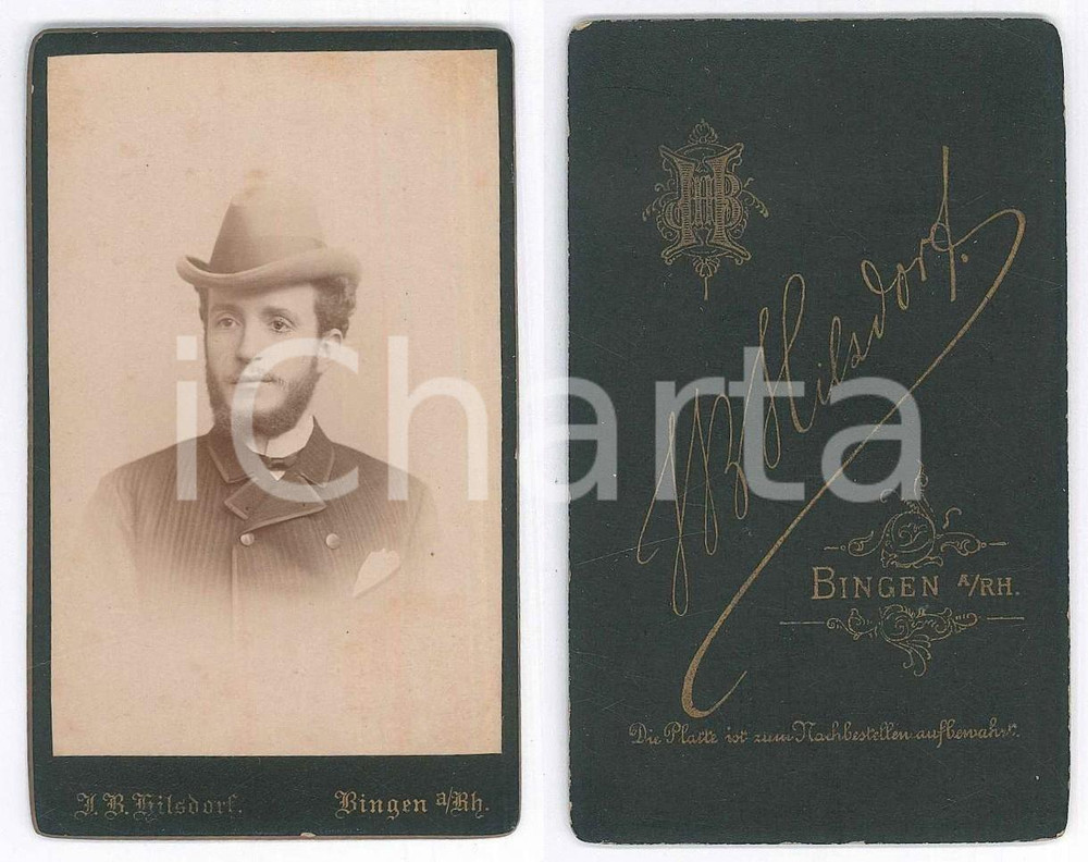 1880 ca BINGEN AM RHEIN (GERMANY) Young man with hat - Photo HILSDORF CDV Fotografia originale d'epoca, su cartoncino rigido.  GOOD/buono  Formato: 10x15 cm originale e autentica 1