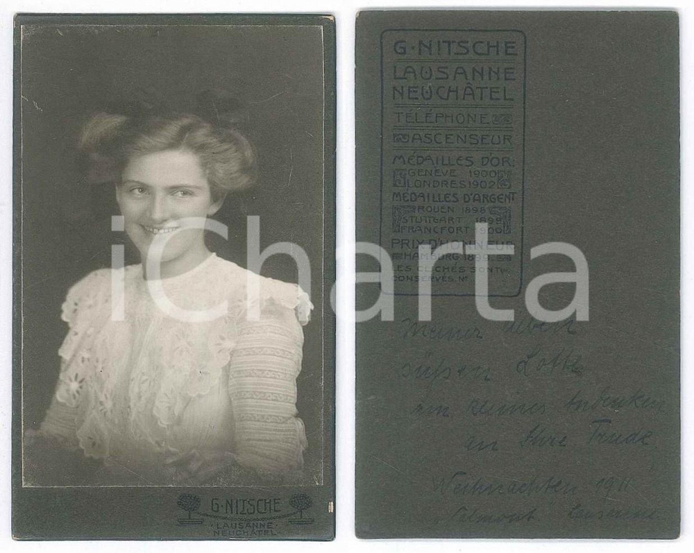 1911 LAUSANNE (CH) Young woman in white dress - Photo G. NITSCHE CDV Fotografia originale d'epoca, su cartoncino rigido, con dedica al verso. GOOD/buono  Formato: 6x10 cm originale e autentica 1
