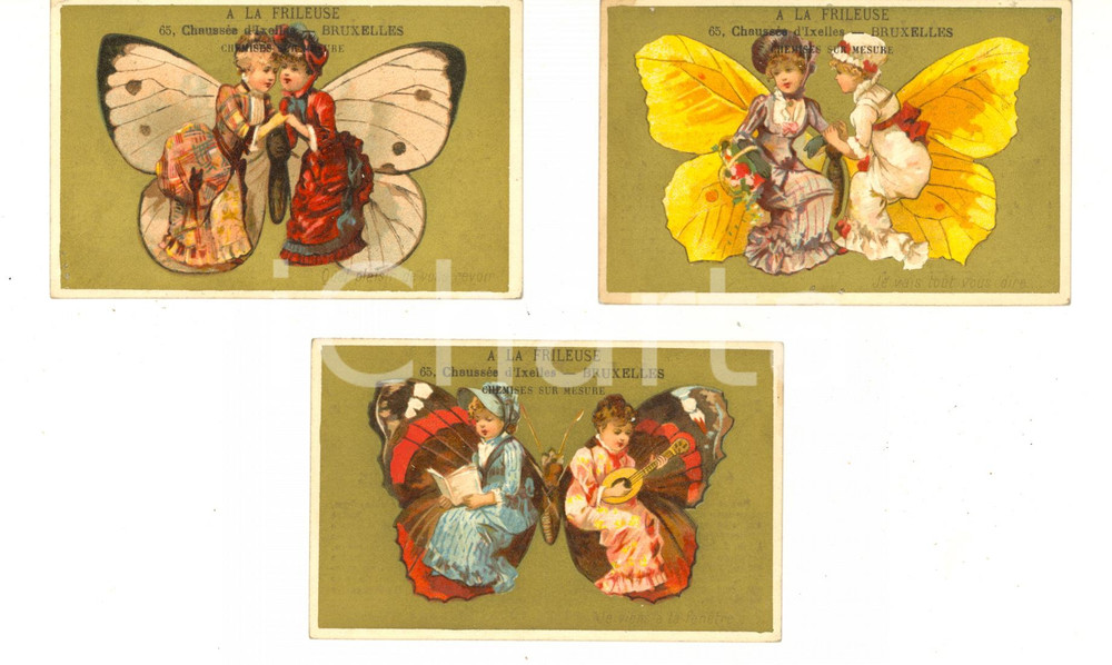1890 ca BRUXELLES A LA FRILEUSE Chemises - SÃ©rie 3 chromos publicitaires fÃ©es  Serie di 3 cartoncini pubblicitari, stampati in cromolitografia, per la casa di confezioni "A la frileuse", specializzata in moda per l'infanzia.CONDIZIONI: G FORMATO: 12x8 cm     originale e autentica 1