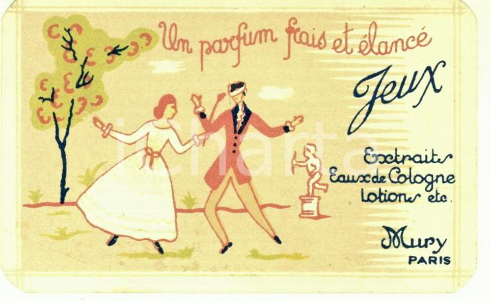 1950 ca PARIS Parfums MURY - Jeux - Carte parfumÃ©e vintage 10X6 cm Cartoncino pubblicitario, originale d'epoca.CONDIZIONI: G FORMATO: 10x6 cm    originale e autentica 1